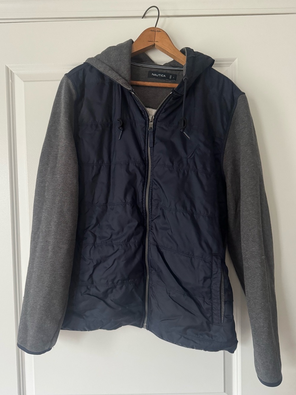 Nautica Dark Gray Hooded Jacket with Quilted Navy Trim